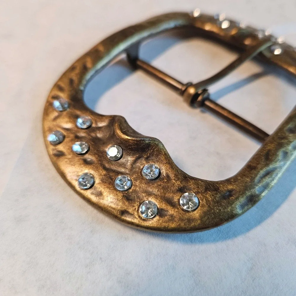 Vintage Handmade Hammered Solid Brass Rhinestone Belt Buckle Western Boho
